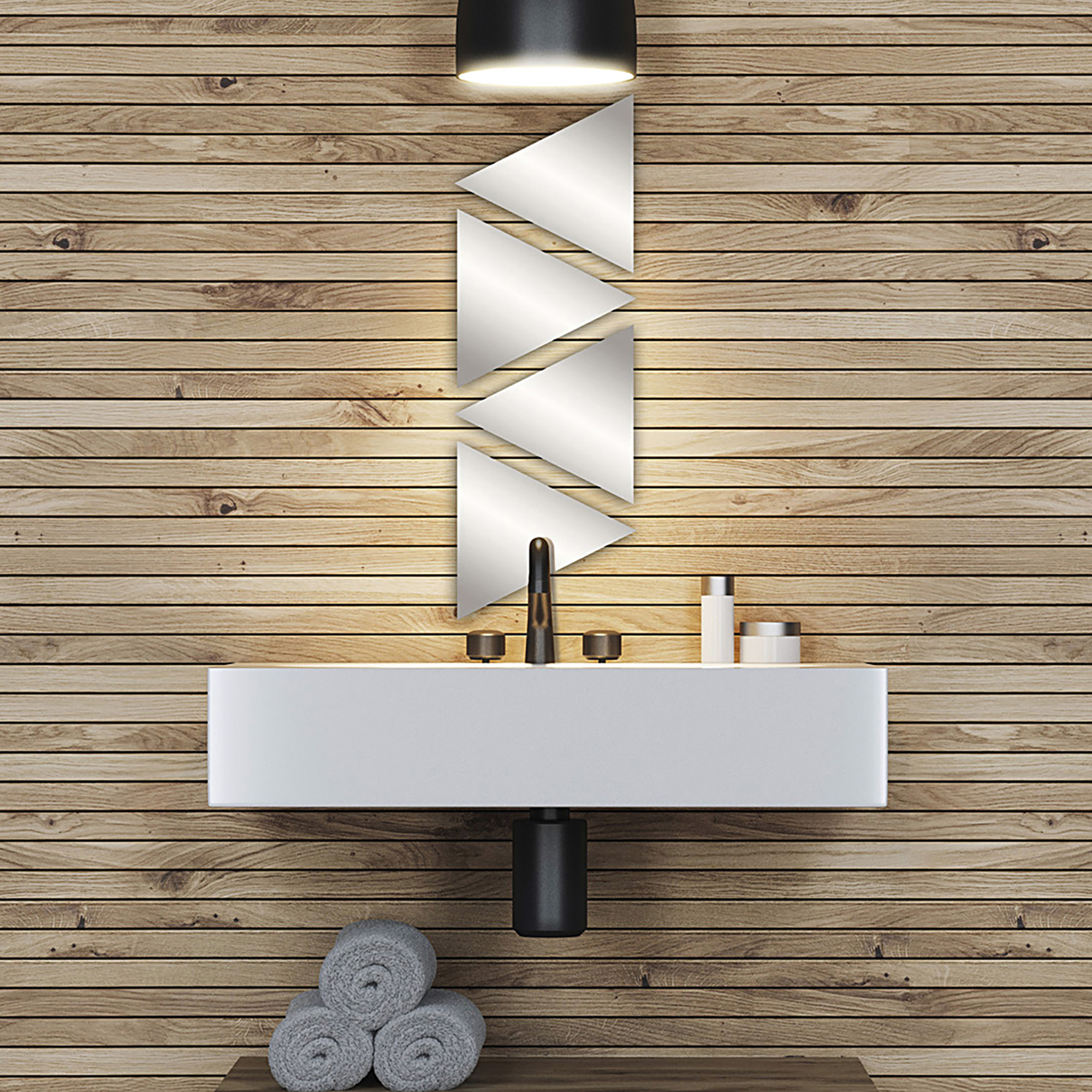 "Four triangle mirrors stacked vertically in zigzag pattern above a floating bathroom vanity with wood plank wall"