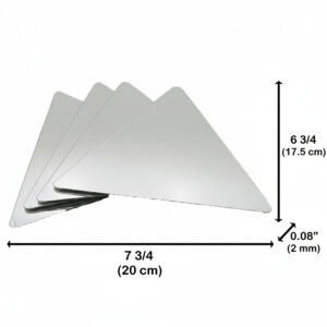 "Stack of four triangle mirrors with dimensions labeled: 7¾ inches (20 cm) wide, 6¾ inches (17.5 cm) tall, 0.08 inches (2 mm) thick"