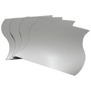 "Four frameless wave-shaped mirrors stacked and fanned out, product shot on white background"