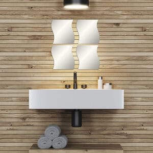 "Four wave-shaped frameless mirrors in 2x2 grid above a floating bathroom vanity with wood plank wall"