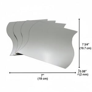 "Stack of four wave-shaped mirrors with dimensions labeled: 7 inches (18 cm) wide, 7¾ inches (19.7 cm) tall, 0.08 inches (2 mm) thick"