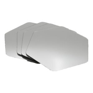 "Four hexagonal frameless mirrors stacked and fanned out, product shot on white background"