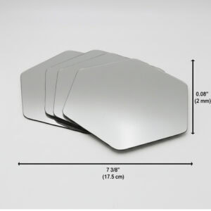 "Stack of four hexagonal mirrors with dimensions labeled: 7⅜ inches (17.5 cm) wide, 0.08 inches (2 mm) thick"
