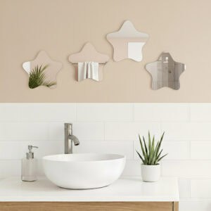 "Four rounded star-shaped mirrors in horizontal row above a white vessel sink in a modern bathroom"