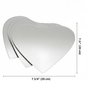 "Stack of four heart-shaped mirrors with dimensions labeled: 7¾ inches (20 cm) wide, 7.3 inches (20 cm) tall"