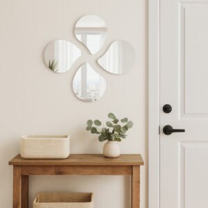 "Four teardrop-shaped mirrors in pinwheel arrangement above a wooden console table in a hallway entryway"