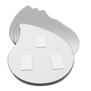 "Back of teardrop-shaped mirror showing three adhesive foam mounting pads, with additional mirrors stacked behind"