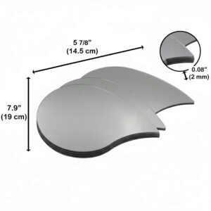 "Stack of four teardrop-shaped mirrors with dimensions labeled: 5⅞ inches (14.5 cm) wide, 7.9 inches (19 cm) tall, 0.08 inches (2 mm) thick"