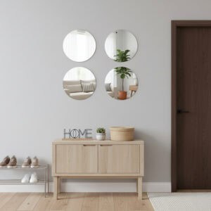 "Four large round frameless mirrors in 2x2 grid above a wooden console table in a hallway entryway"