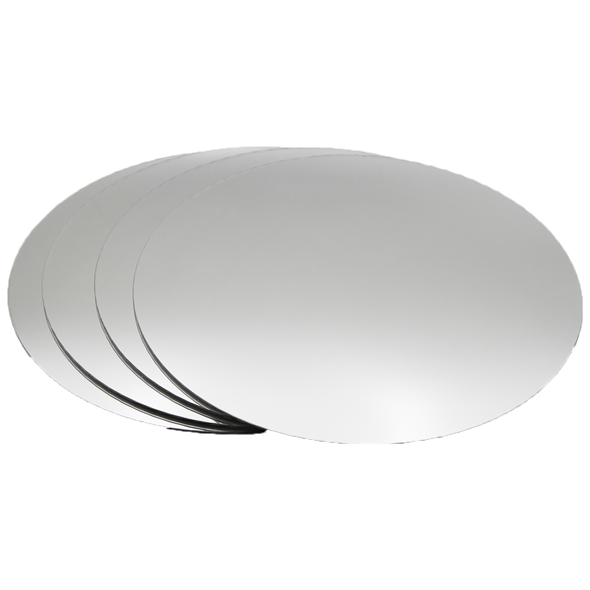 "Four large round frameless mirrors stacked together, product shot on white background"