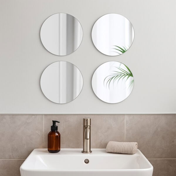"Four large round frameless mirrors in 2x2 grid above a bathroom sink with beige tile wall"