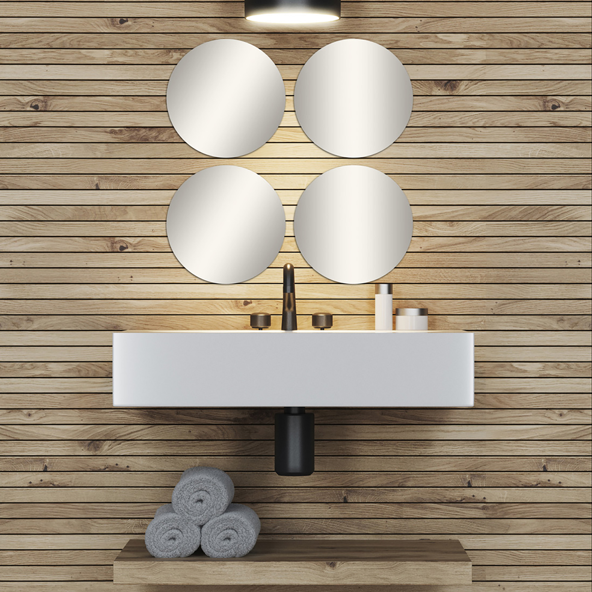"Four large round frameless mirrors in 2x2 grid above a floating bathroom vanity with wood plank wall"