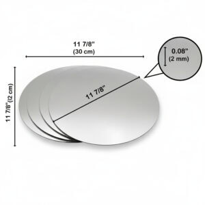 "Stack of four large round mirrors with dimensions labeled: 11⅞ inches (30 cm) diameter, 0.08 inches (2 mm) thick"