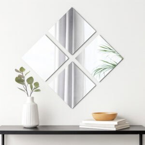 "Four large square frameless mirrors in diamond pattern above a console table in a minimalist room"