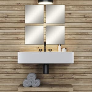 "Four large square frameless mirrors in 2x2 grid above a floating bathroom vanity with wood plank wall"