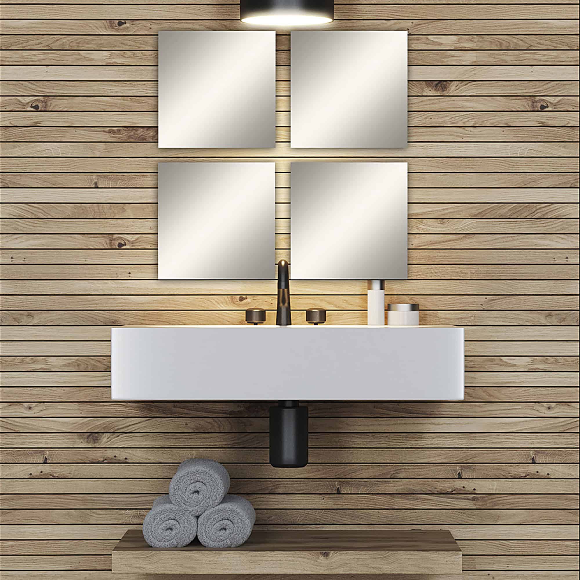 "Four large square frameless mirrors in 2x2 grid above a floating bathroom vanity with wood plank wall"