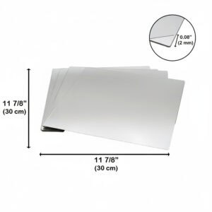"Stack of four large square mirrors with dimensions labeled: 11⅞ inches (30 cm) square, 0.08 inches (2 mm) thick"
