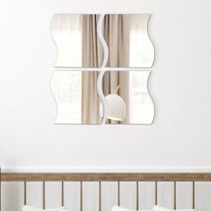 "Four large wave-shaped frameless mirrors in 2x2 grid above a wooden bench headboard in a bedroom"