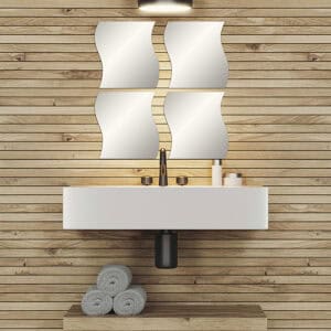 "Four large wave-shaped frameless mirrors in 2x2 grid above a floating bathroom vanity with wood plank wall"
