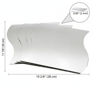 "Stack of four large wave-shaped mirrors with dimensions labeled: 10¼ inches (28 cm) wide, 11⅞ inches (30 cm) tall, 0.08 inches (2 mm) thick"