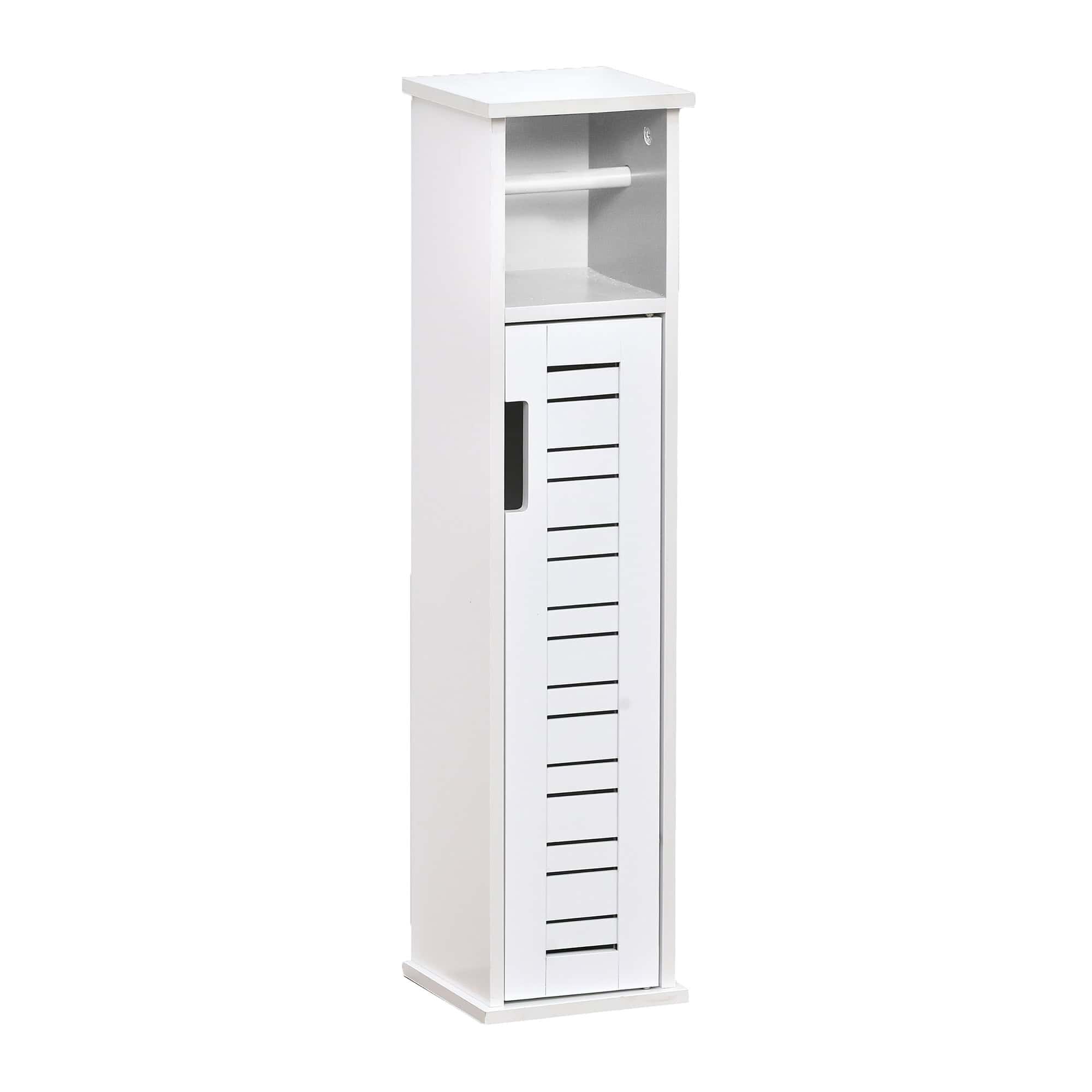 Toilet paper storage cabinet with open shelf and compact design – Slim white storage cabinet with an open shelf for quick access and vented door, perfect for storing toilet paper and other bathroom essentials.