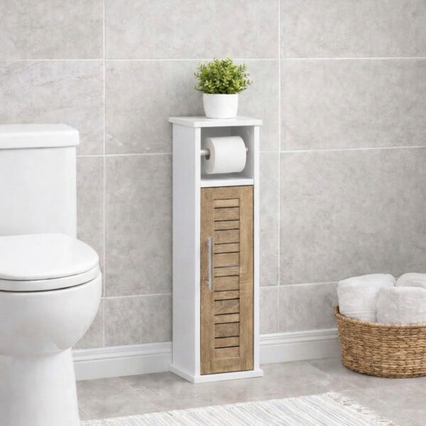"White and oak toilet paper cabinet with roll holder and louvered door, styled beside a toilet with a plant on top"