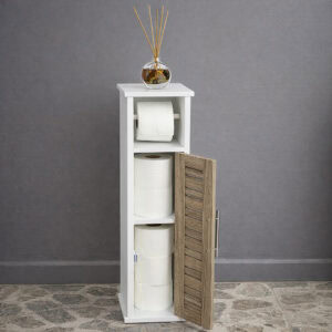 "Open louvered door revealing three stored toilet paper rolls inside white and oak freestanding cabinet"