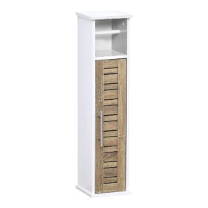 Tall Cabinet for Toilet Paper with Vented Door: Front view of a slim white cabinet with a wood-look vented door and stainless steel handle, designed for bathroom storage.