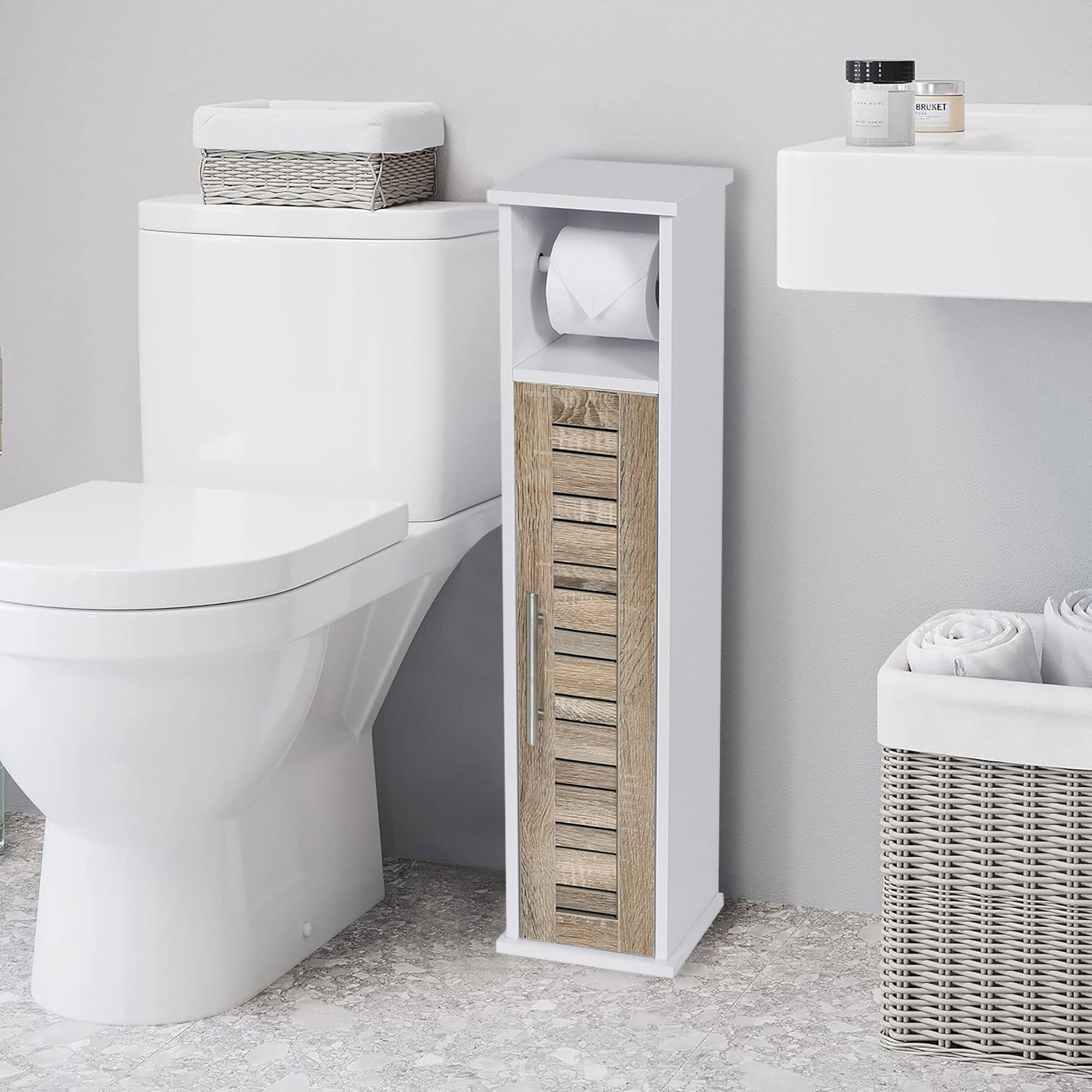 Tall Cabinet by Toilet with Wooden Design: Slim white storage cabinet with vented wooden door styled next to a toilet in a minimalist bathroom.