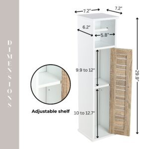 "Dimension diagram of toilet paper cabinet showing 7.2"W x 29.9"H with adjustable shelf detail and interior measurements"