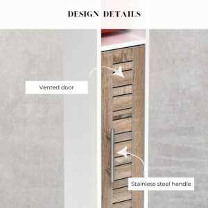 "Design details callout showing vented louvered door and stainless steel bar handle on oak toilet paper cabinet"
