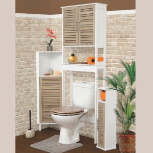 "Tall white and oak toilet paper storage cabinet styled in a bathroom set with over-toilet shelf unit and floor cabinet"