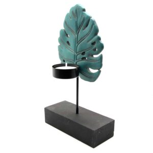 EVIDECO SET2TROPICAL6008 Decorative Tropical Leaf Design Glass Candle Holder Set of 2 White Washed Almond Green
