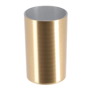 Brushed gold bathroom tumbler cup on white background