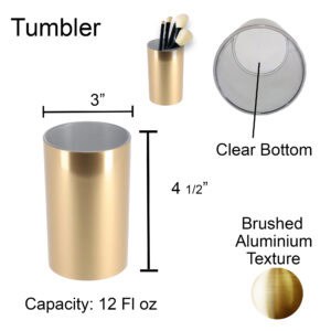 Brushed gold bathroom tumbler with dimensions and capacity infographic