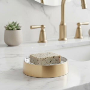 Gold soap dish with bar soap on marble countertop