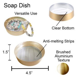 Soap dish feature graphic showing clear base and dimensions