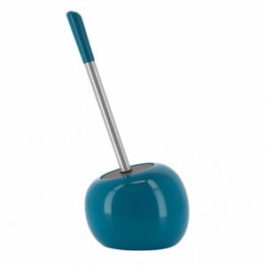 Peacock blue round toilet brush holder with stainless steel handle and blue top on white background