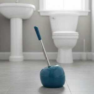Peacock blue round toilet brush holder with stainless steel handle and blue top in modern bathroom