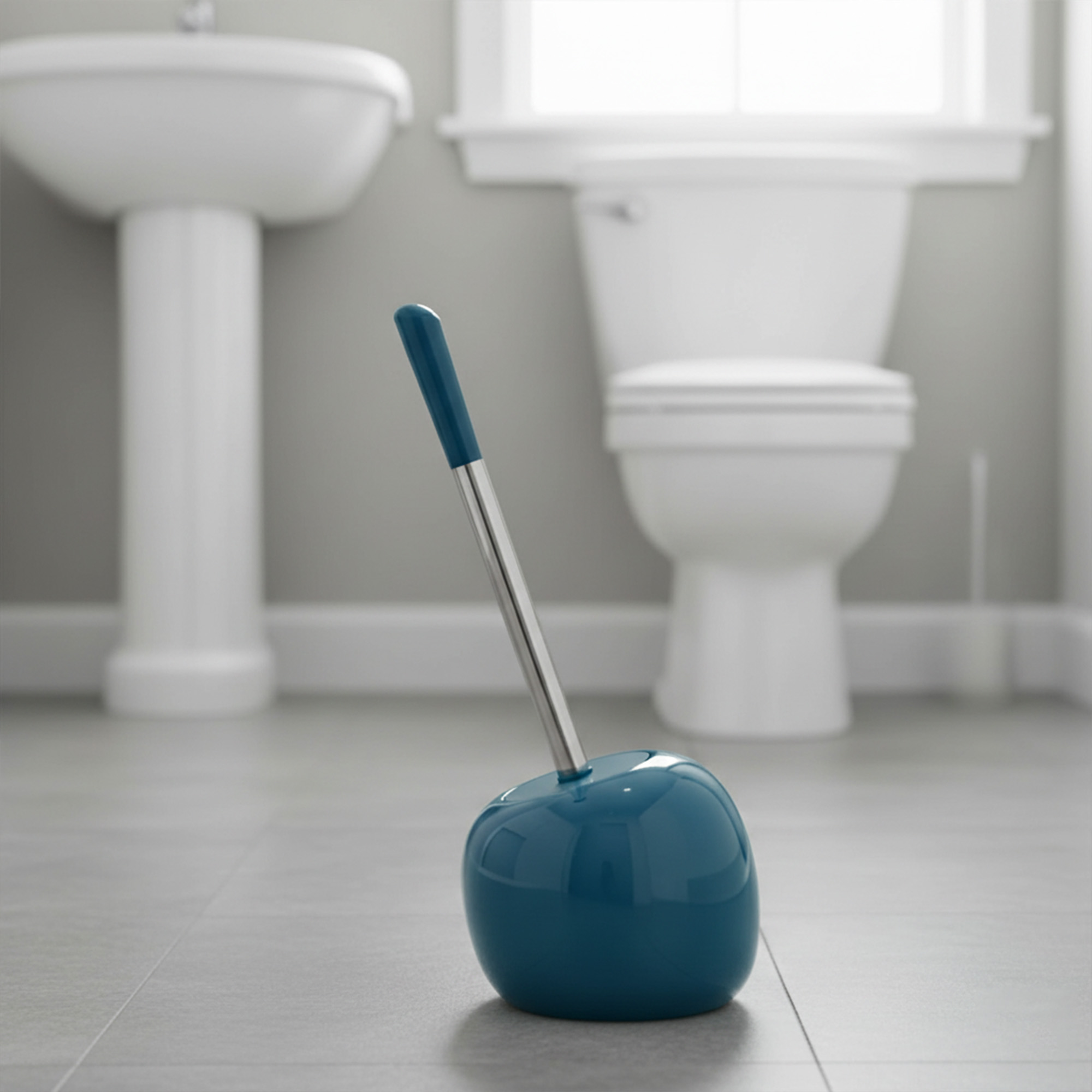 Peacock blue round toilet brush holder with stainless steel handle and blue top in modern bathroom