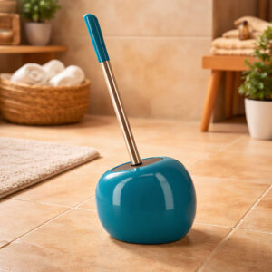 Peacock blue round dolomite toilet brush holder with stainless steel handle in warm bathroom setting