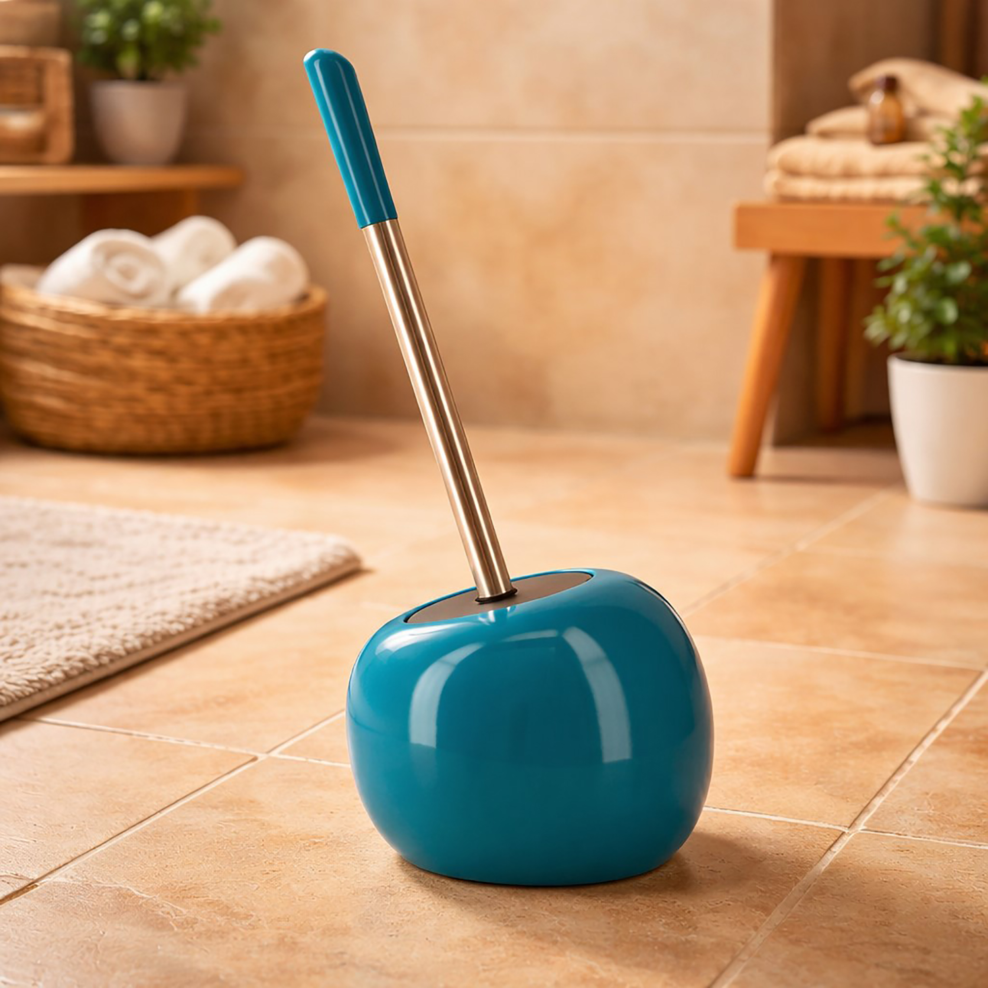 Peacock blue round dolomite toilet brush holder with stainless steel handle in warm bathroom setting