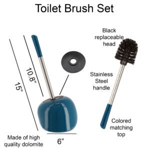 Peacock blue dolomite toilet brush set with dimensions showing stainless steel handle and replaceable black brush head