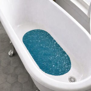Peacock blue pebbles bathtub mat in white tub