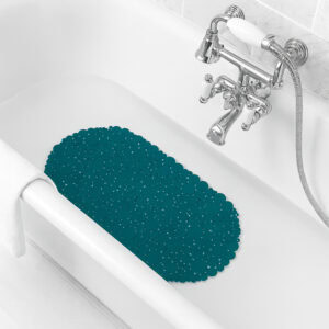 Peacock blue pebbles bathtub mat in white tub
