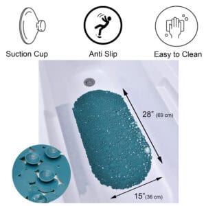 Peacock blue bathtub mat features and dimensions diagram