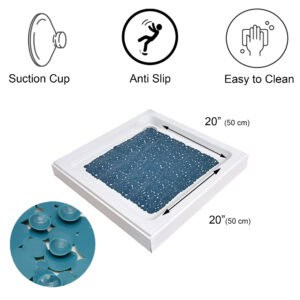 Product features diagram showing suction cups, anti-slip surface, easy cleaning, and dimensions 20x20 inches square