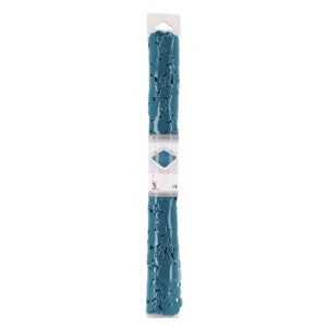 Peacock blue shower mat rolled in cylindrical PVC packaging with product label