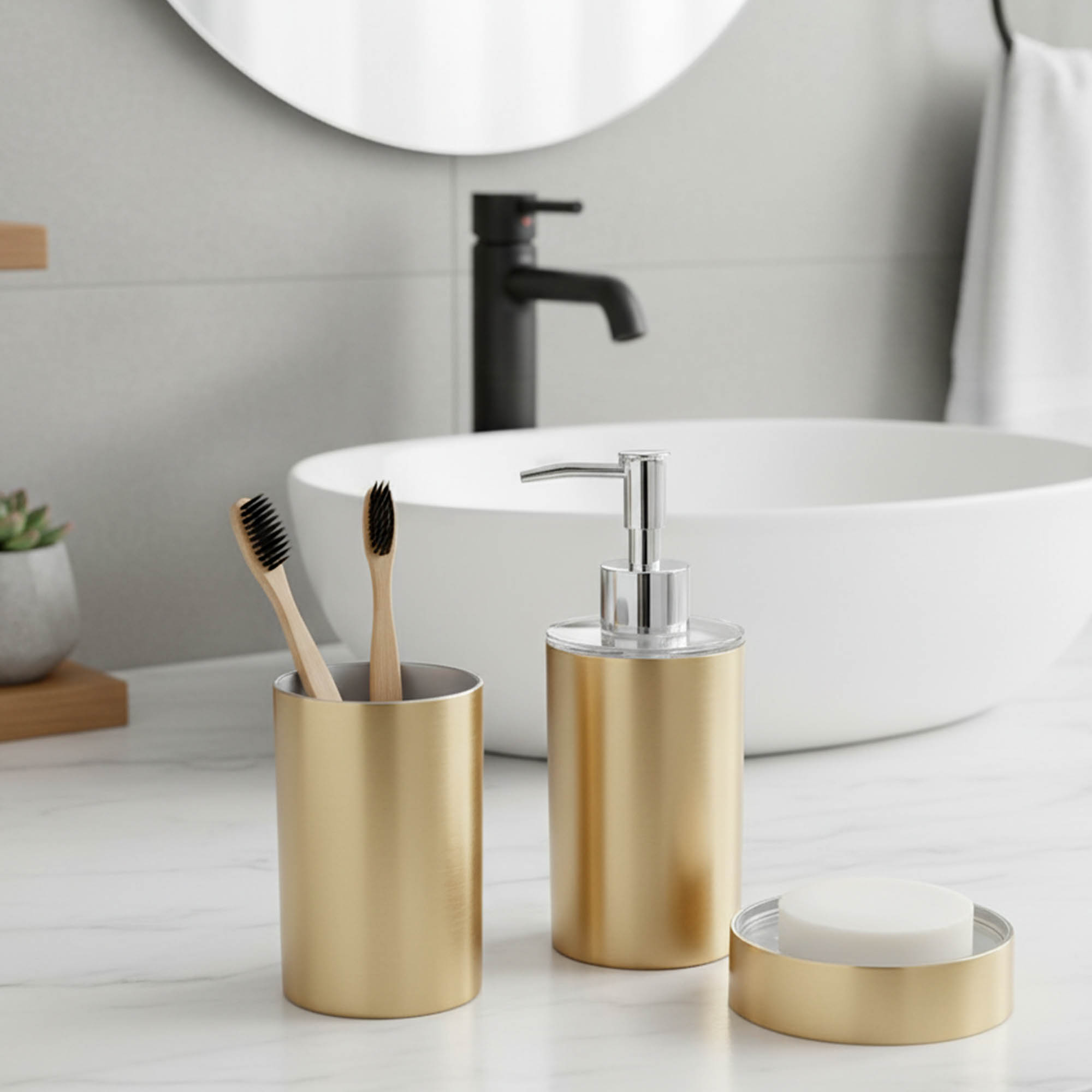 “Brushed gold bathroom set with toothbrushes, soap dispenser, and soap dish”