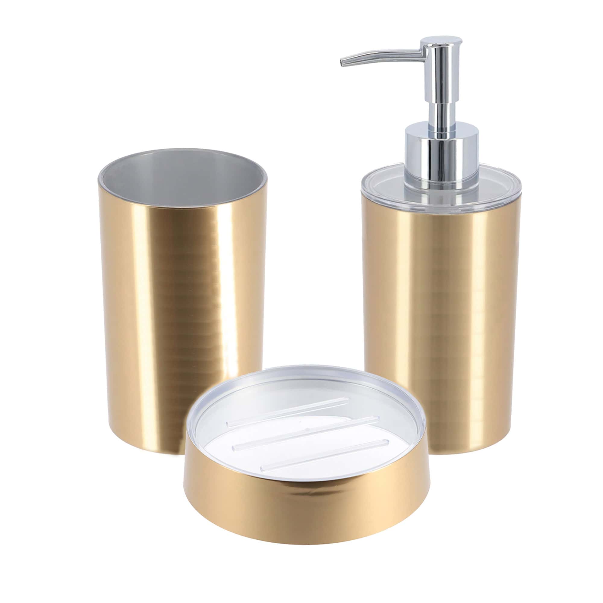 “Brushed gold tumbler, soap dispenser, and dish isolated on white background”